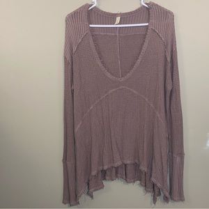 Free People Distressed Waffle Knit Long Sleeve Top